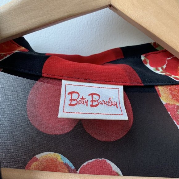 Vintage Sheer Betty Barclay Blouse Shirt Fit UK 14 Heart Pattern Black Red *Mend - Picture 3 of 11